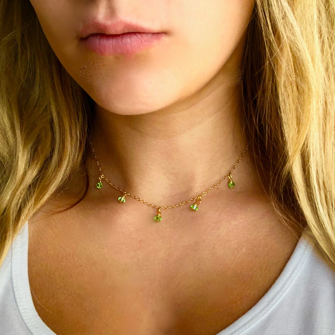 Peridot Green Crystal Choker Necklace Minimalist Jewelry, hand made with facetted petite crystals, wire wrapped on 14k gold filled chain, completed with a 14k