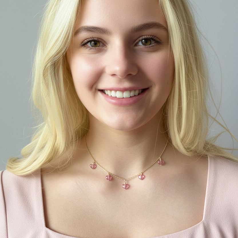 Pink Crystal Heart Necklace Jewelry, This Pink Crystal Heart Necklace is irresistibly sweet and petite, featuring five tiny heart-shaped crystals wire wrapped 