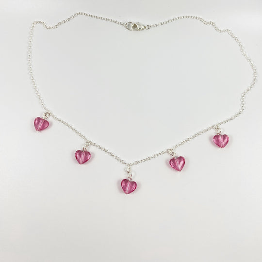 Pink Crystal Heart Necklace Jewelry, This Pink Crystal Heart Necklace is irresistibly sweet and petite, featuring five tiny heart-shaped crystals wire wrapped 