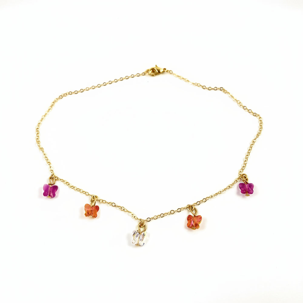 Fuchsia Pink Orange Crystal Butterfly Choker Necklace, Add a touch of charm with the Fuchsia Pink Orange Crystal Butterfly Choker Necklace,