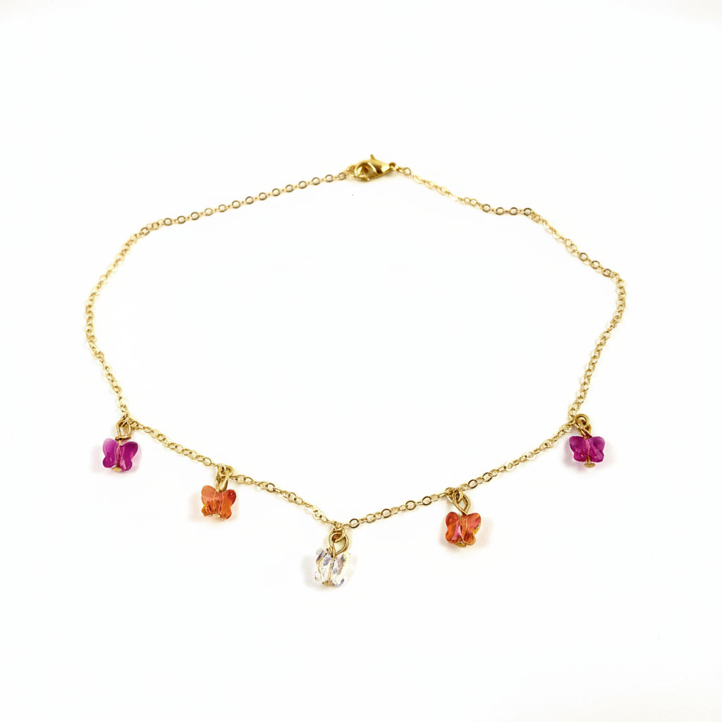 Fuchsia Pink Orange Crystal Butterfly Choker Necklace, Add a touch of charm with the Fuchsia Pink Orange Crystal Butterfly Choker Necklace,