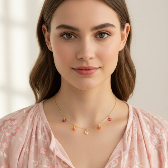 Fuchsia Pink Orange Crystal Butterfly Choker Necklace, Add a touch of charm with the Fuchsia Pink Orange Crystal Butterfly Choker Necklace,