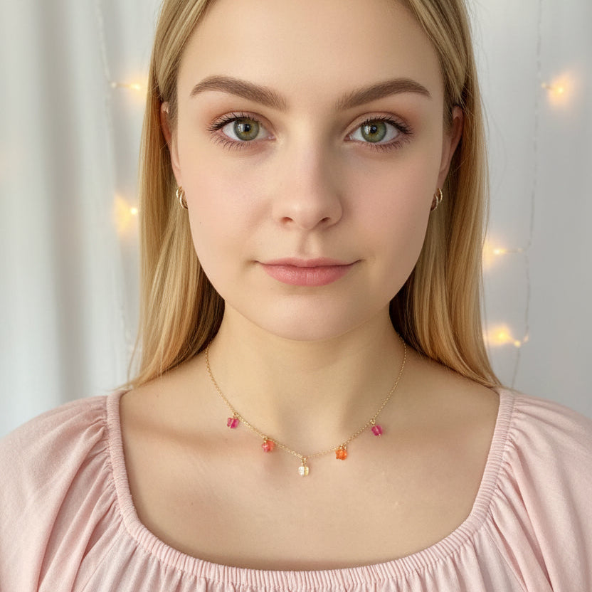 Fuchsia Pink Orange Crystal Butterfly Choker Necklace, Add a touch of charm with the Fuchsia Pink Orange Crystal Butterfly Choker Necklace,
