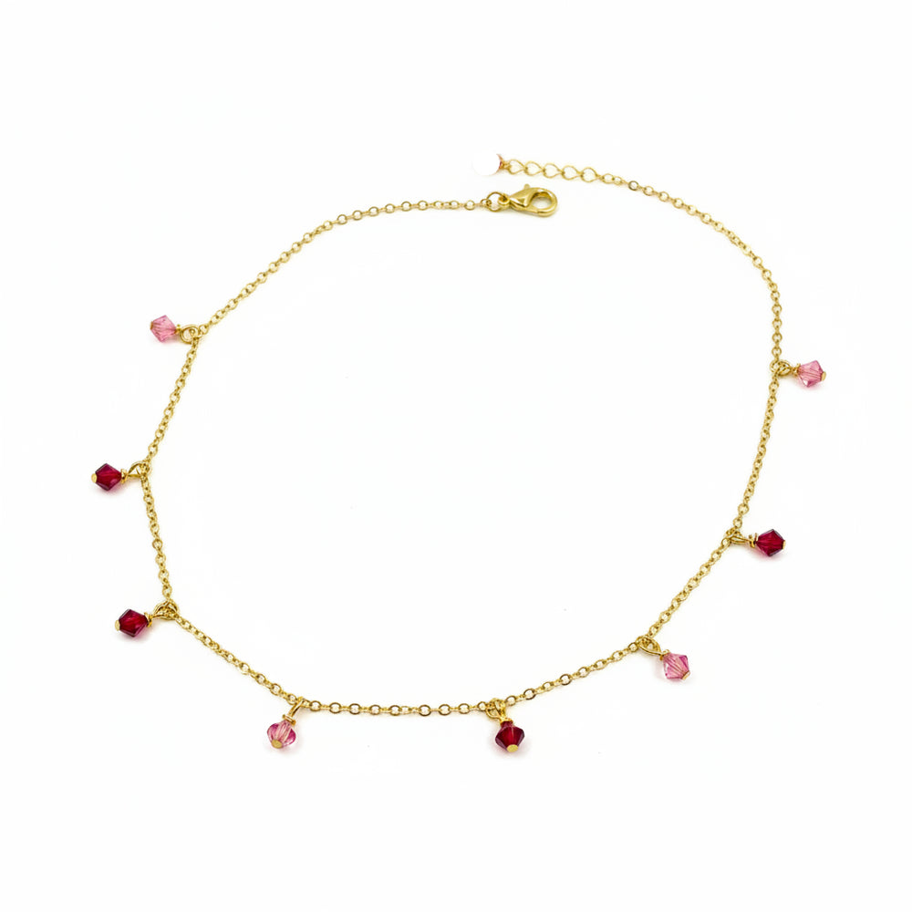 Red Pink Crystal Choker Necklace Minimalist Jewelry, hand made with facetted petite crystals, wire wrapped on 14k gold filled chain, completed with a 14k gold filled lobster clasp