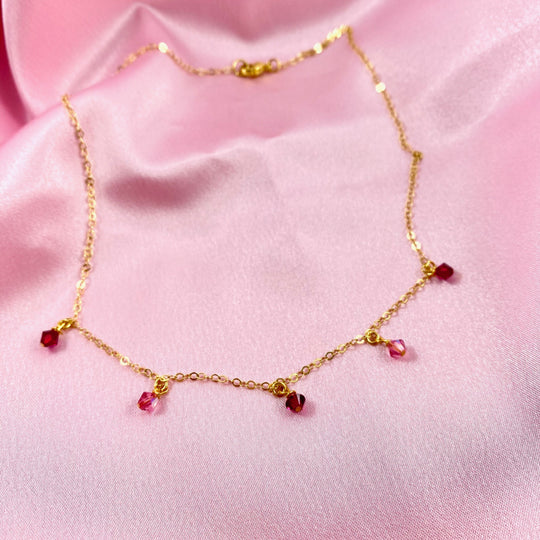 Red Pink Crystal Choker Necklace Minimalist Jewelry, hand made with facetted petite crystals, wire wrapped on 14k gold filled chain, completed with a 14k gold filled lobster clasp