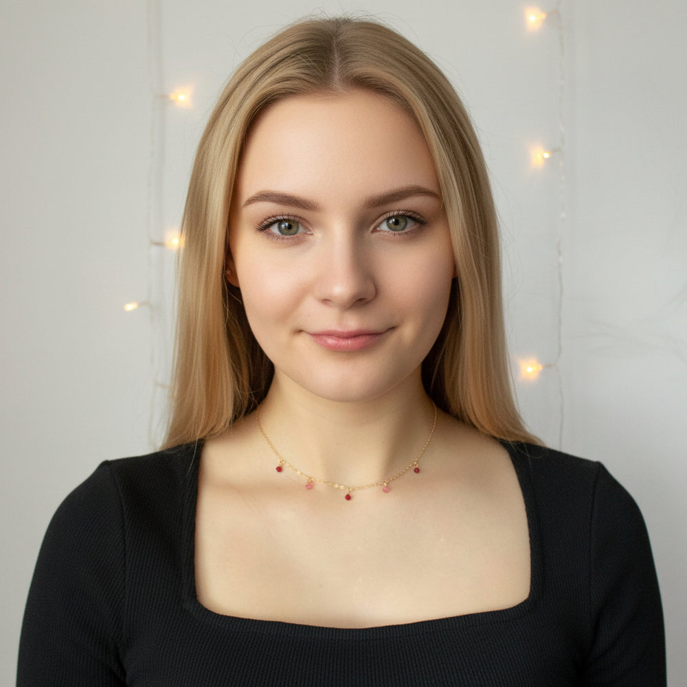 Red Pink Crystal Choker Necklace Minimalist Jewelry, hand made with facetted petite crystals, wire wrapped on 14k gold filled chain, completed with a 14k gold filled lobster clasp