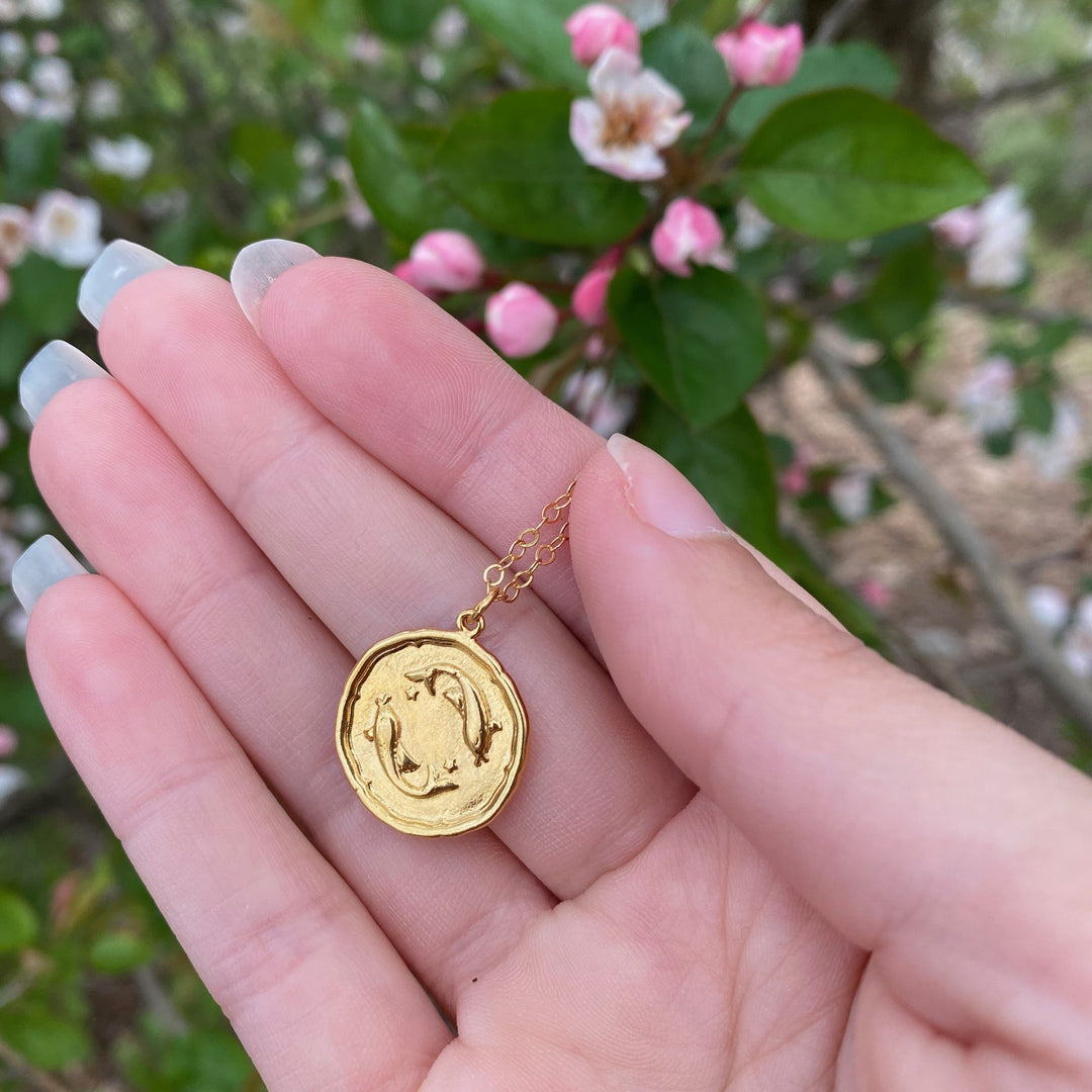 Pisces Zodiac Sign Gold Necklace, this hand crafted Pisces Zodiac Sign Necklace features a 14K gold-filled chain and an 18K vermeil gold charm