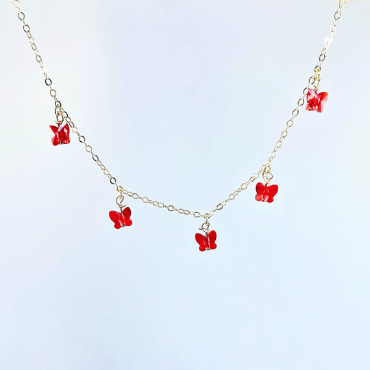 Ruby Red Butterfly Choker Necklace, Add a touch of charm with the Red Butterfly Choker Necklace, a delightful chain of crystal butterflies crafted by hand 