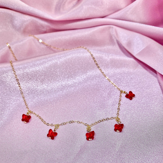 Ruby Red Butterfly Choker Necklace, Add a touch of charm with the Red Butterfly Choker Necklace, a delightful chain of crystal butterflies crafted by hand 
