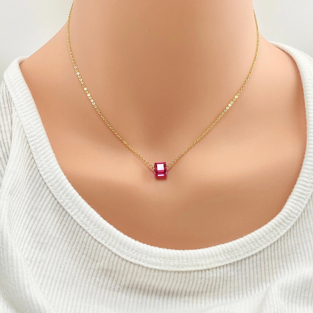Pink Fuchsia Crystal Cube Necklace Charm Jewelry, is an effortlessly gorgeous and minimalist necklace that will become a daily staple