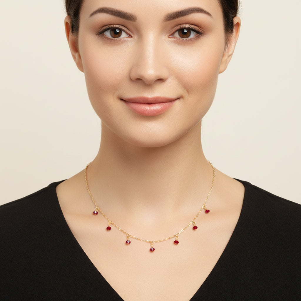 Ruby Red Crystal Choker Necklace, hand made with facetted petite crystals, wire wrapped on 14k gold filled chain, completed with a 14k gold 