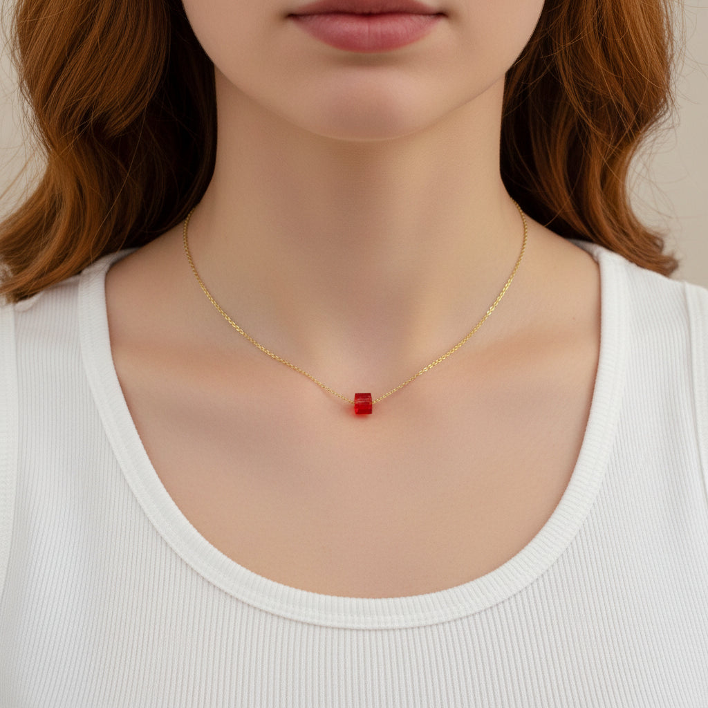 Ruby Red Crystal Cube Necklace Charm Jewelry, is an effortlessly gorgeous and minimalist necklace that will become a daily staple. Personalize it as a birth