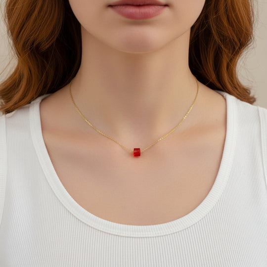 Ruby Red Crystal Cube Necklace Charm Jewelry, is an effortlessly gorgeous and minimalist necklace that will become a daily staple. Personalize it as a birth