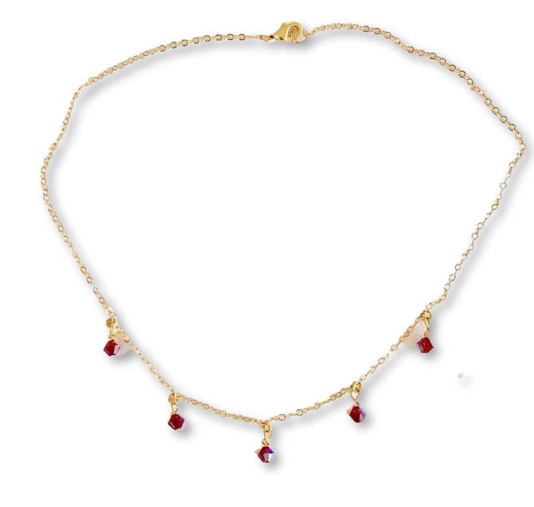 Ruby Red Crystal Choker Necklace, hand made with facetted petite crystals, wire wrapped on 14k gold filled chain, completed with a 14k gold 