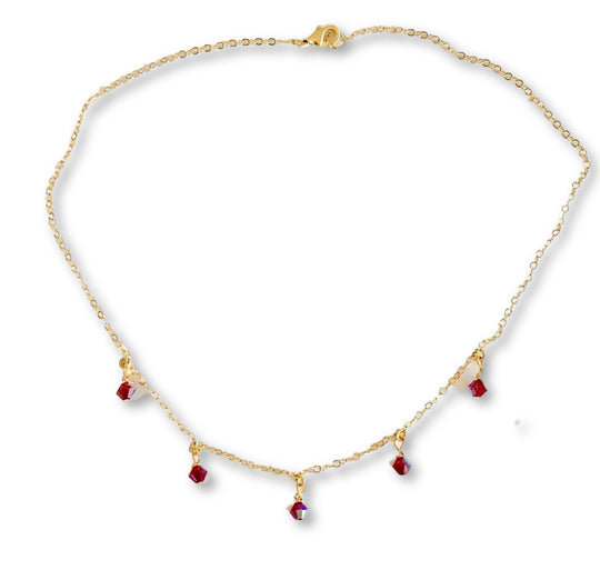 Ruby Red Crystal Choker Necklace, hand made with facetted petite crystals, wire wrapped on 14k gold filled chain, completed with a 14k gold 