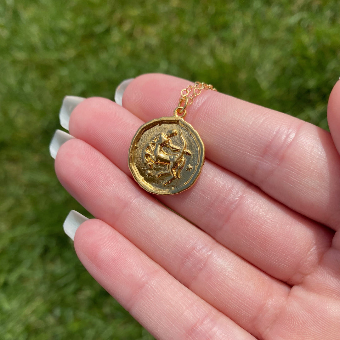 Sagittarius Zodiac Sign Gold Necklace, this hand crafted Sagittarius Zodiac Disk Necklace features a 14K gold-filled chain and an 18K vermeil gold charm. A personal gift, sweet & petite treasure.