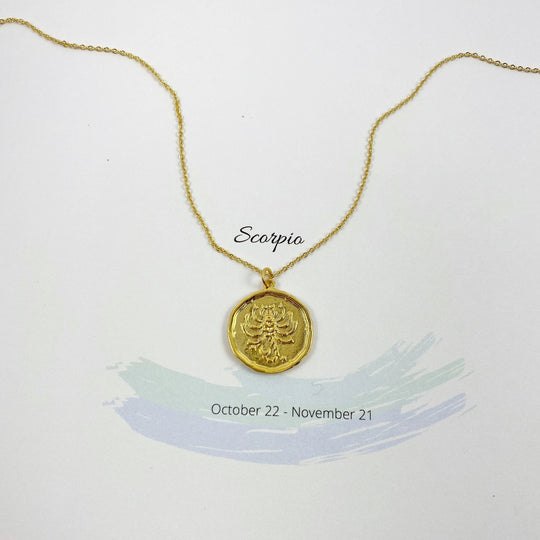 Scorpio Zodiac Sign Gold Necklace, this hand crafted Scorpio Zodiac Sign Necklace features a 14K gold-filled chain and an 18K vermeil gold charm