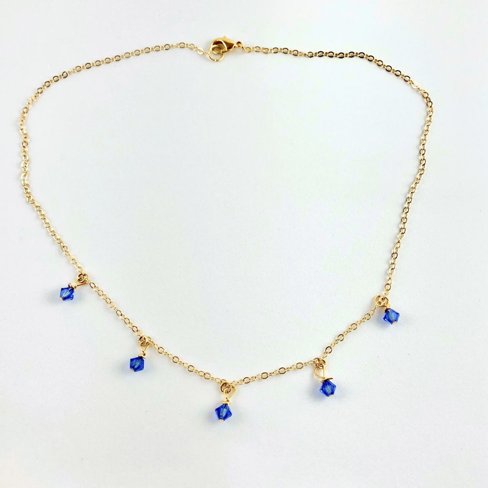 Sapphire Blue Crystal Choker Necklace Minimalist Jewelry, hand made with facetted petite crystals, wire wrapped on 14k gold filled chain, completed with a 14k