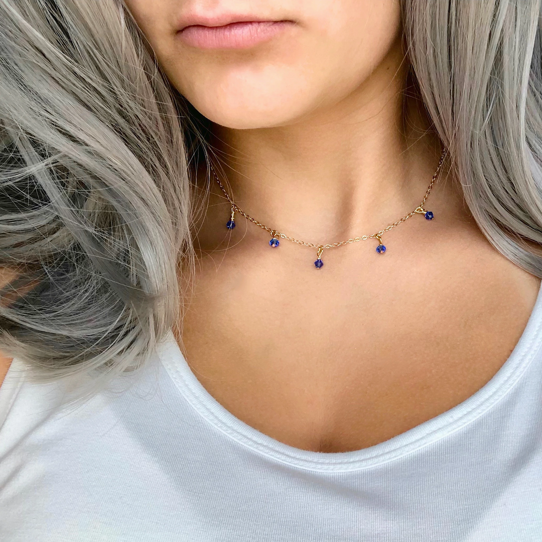 Sapphire Blue Crystal Choker Necklace Minimalist Jewelry, hand made with facetted petite crystals, wire wrapped on 14k gold filled chain, completed with a 14k