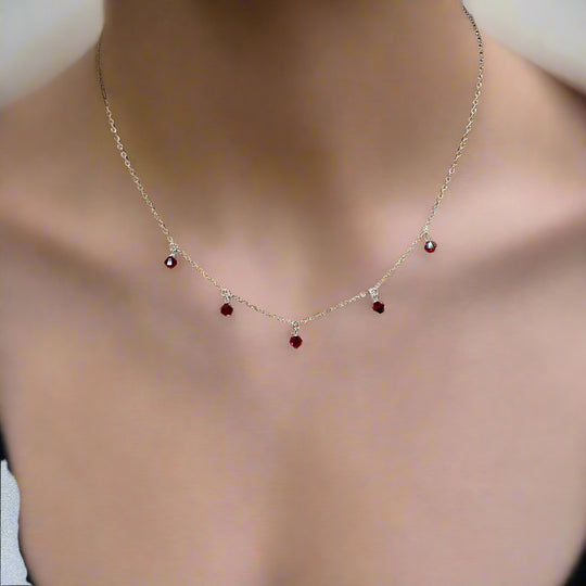 Red Crystal Choker Silver Necklace Minimalist Jewelry, hand made with facetted petite crystals, wire wrapped on 14k gold filled chain, completed with a 14k gold f