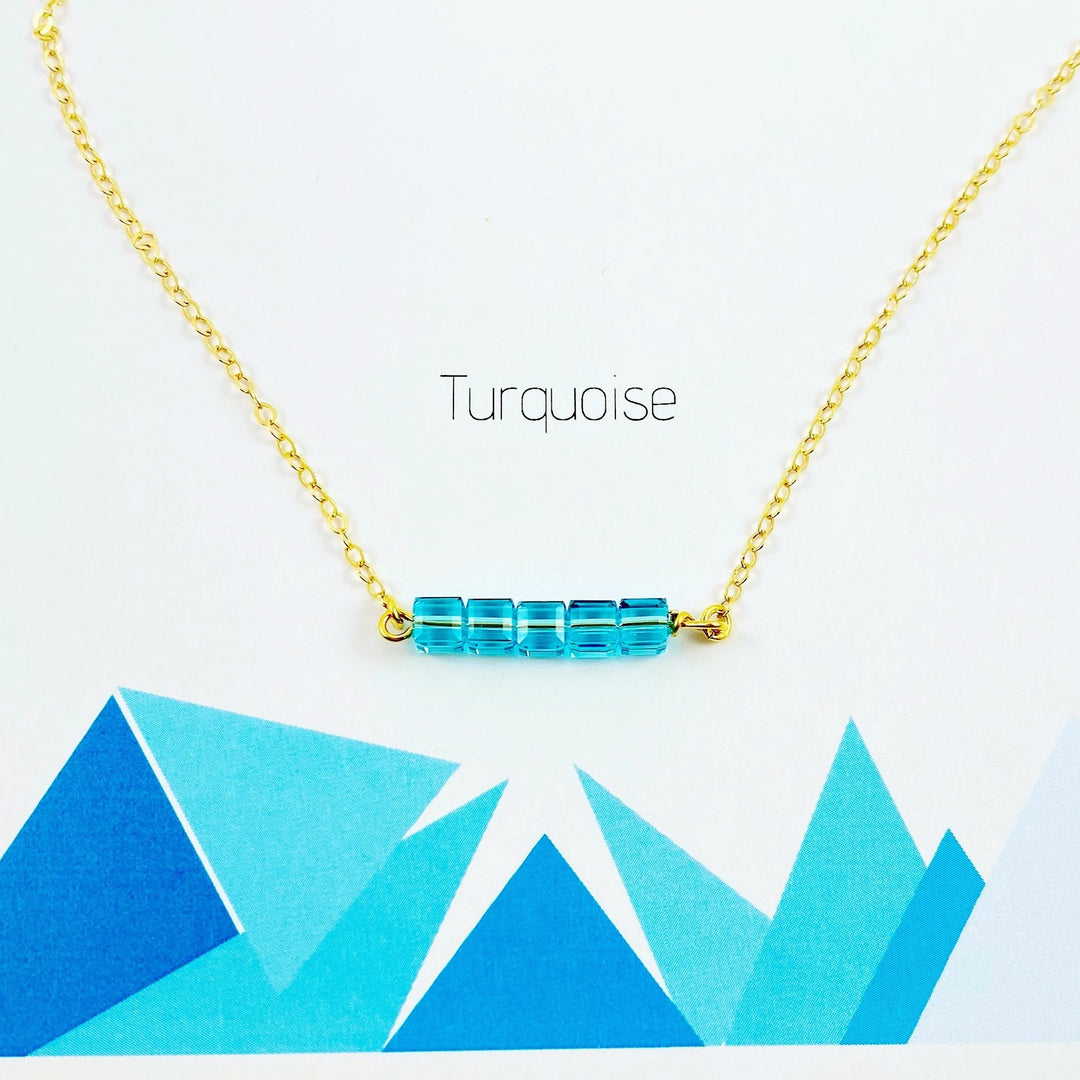 Turquoise Blue Crystal Cube Bar Necklace Charm Jewelry, is an effortlessly gorgeous and minimalist necklace that will become a daily staple. P