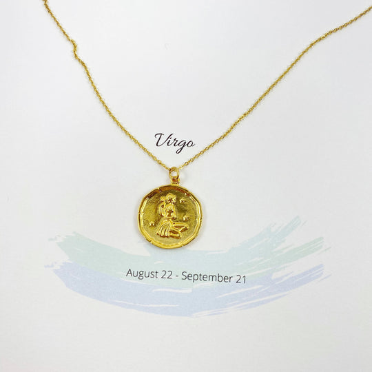 Virgo Zodiac Sign Gold Necklace, this hand crafted Virgo Zodiac sign Necklace features a 14K gold-filled chain and an 18K vermeil gold charm. 