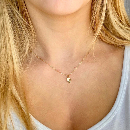Virgo Zodiac Symbol Gold Necklace, Celebrate your Virgo spirit with this tiny zodiac symbol charm necklace, a petite 18K vermeil gold zodiac symbol charm 