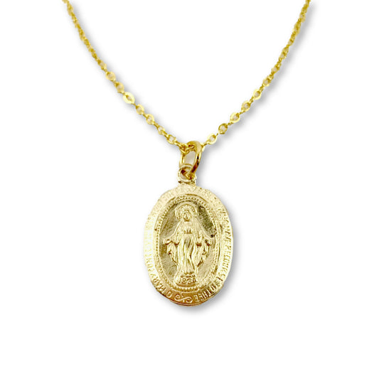 14K Gold Virgin Mary Charm Necklace, our dainty 14k gold Virgin Mary charm on 14k gold-filled chain, a necklace for remembrance and a keepsake treasure.
