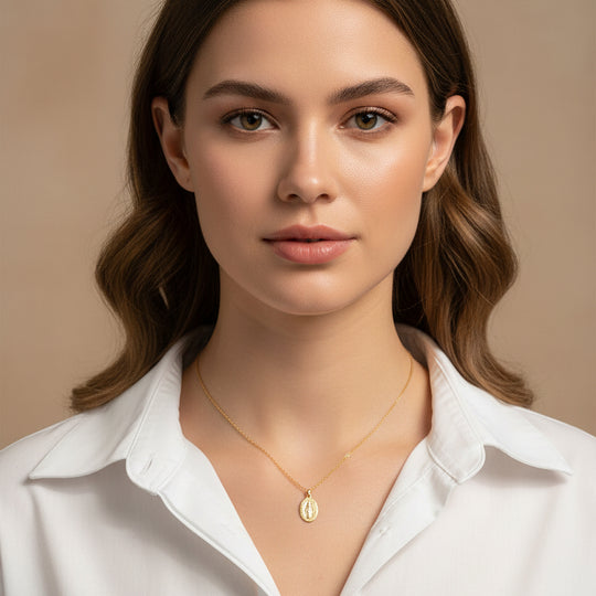 14K Gold Virgin Mary Charm Necklace, our dainty 14k gold Virgin Mary charm on 14k gold-filled chain, a necklace for remembrance and a keepsake treasure.