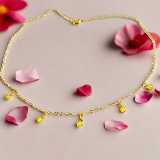 Yellow Crystal Choker Necklace, hand made with facetted petite crystals, wire wrapped on 14k gold filled chain, completed with a 14k gold filled lobster clasp