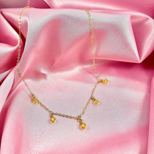 Yellow Crystal Choker Necklace, hand made with facetted petite crystals, wire wrapped on 14k gold filled chain, completed with a 14k gold filled lobster clasp